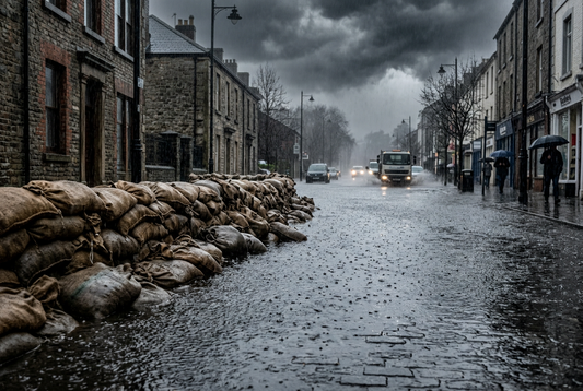 Flooded road with sandbags lining cobbled streets on a dark and rainy day.